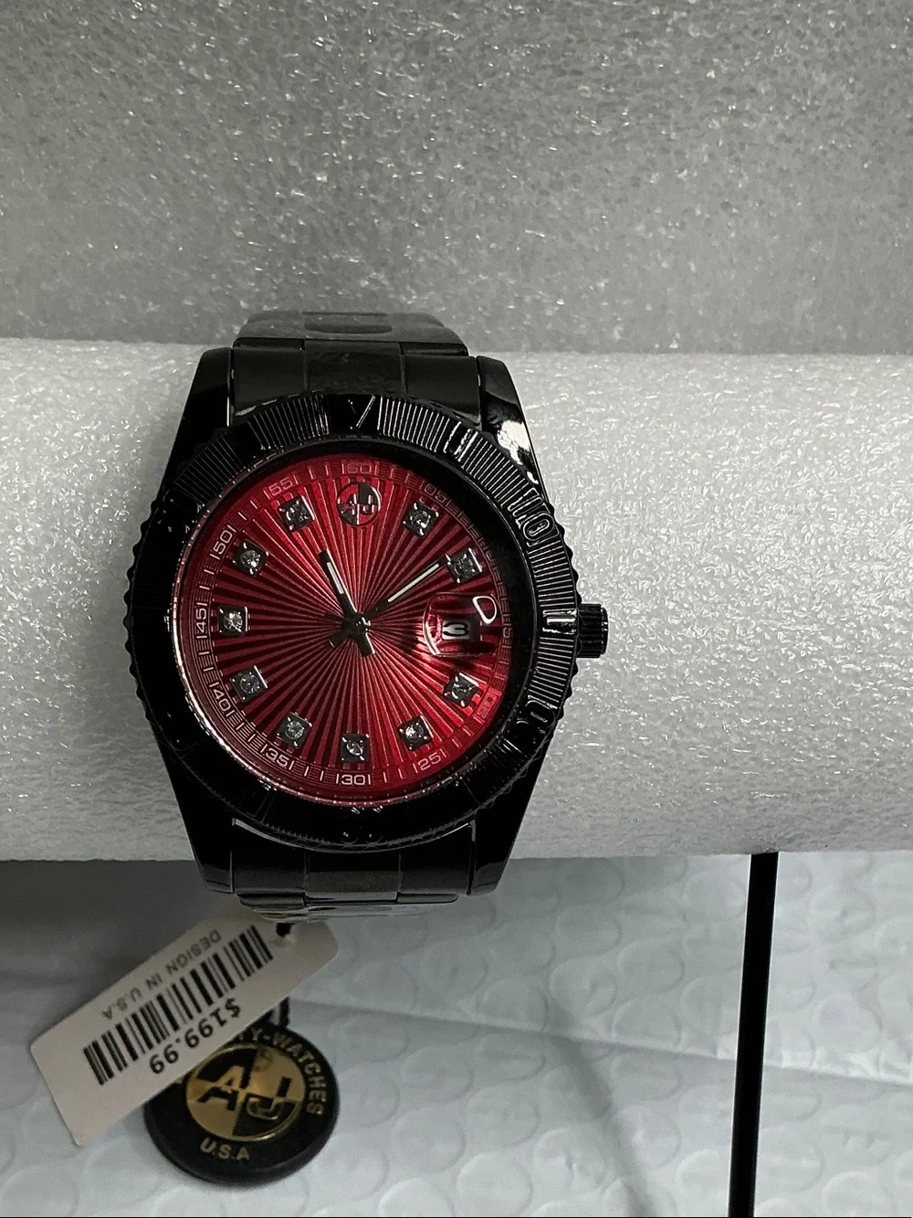 Men's Black Metal Bracelet Watch with Red Radiant Dial